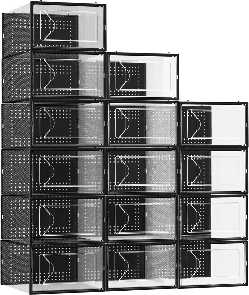 Foluck Shoe Storage Box, 15 Pack Clear Plastic Stackable Shoe Organizer for Closet, Interlocking Design for Sneakers, Foldable Shoes Container Rack with Lids, Black - Image 1